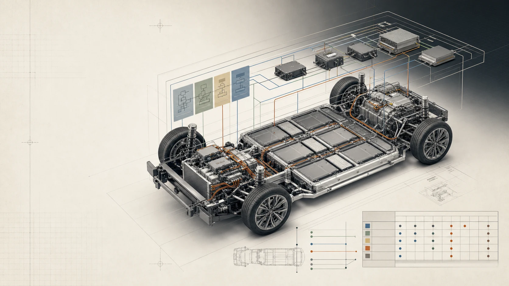 Logical function diagrams linked above an electric vehicle chassis, with ECUs, wiring and a communication matrix.