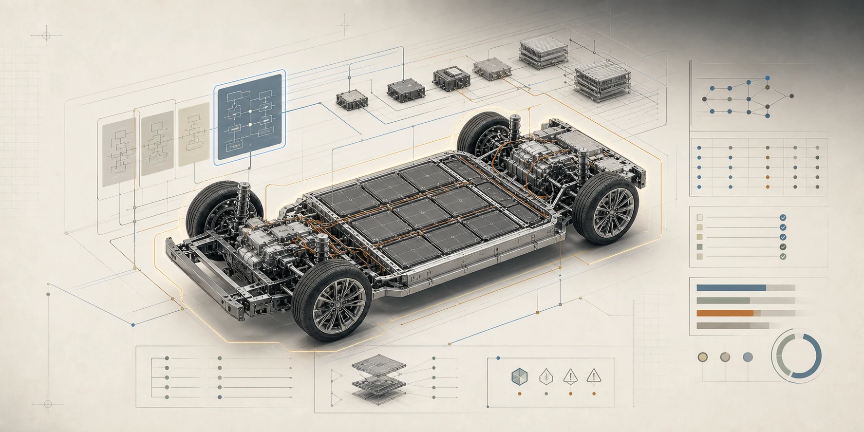 The selected vehicle platform surrounded by verification findings, trace coverage and bill-of-materials evidence.