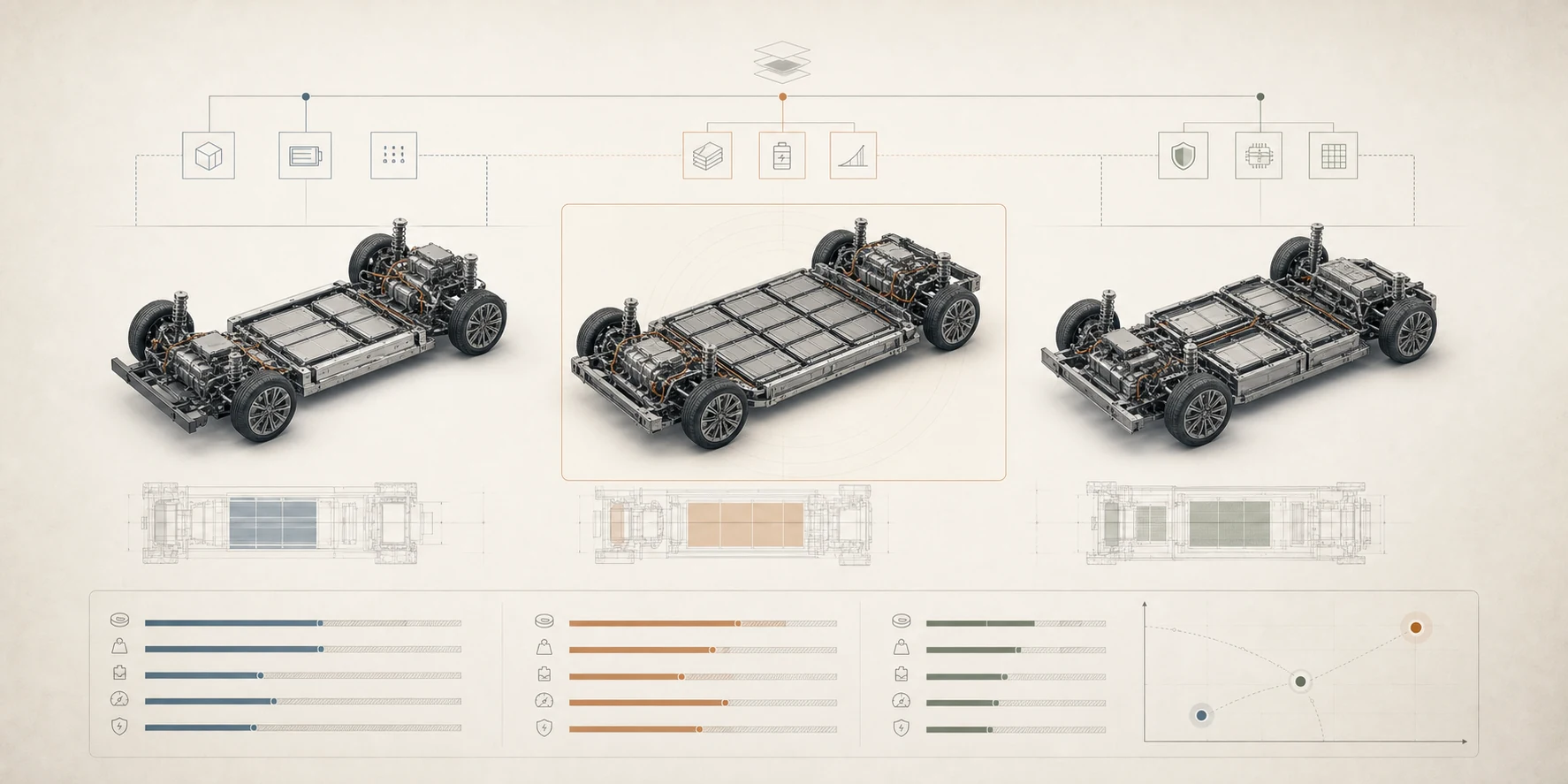Three candidate vehicle platforms compared side by side on cost, mass, utilisation and resilience, with a trade-off frontier.