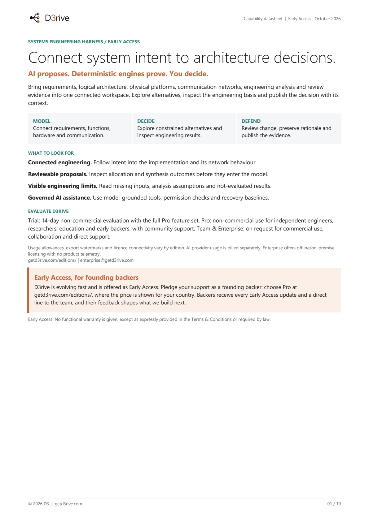 Datasheet page 1 of 10. Overview, editions and the founding-backer invitation.